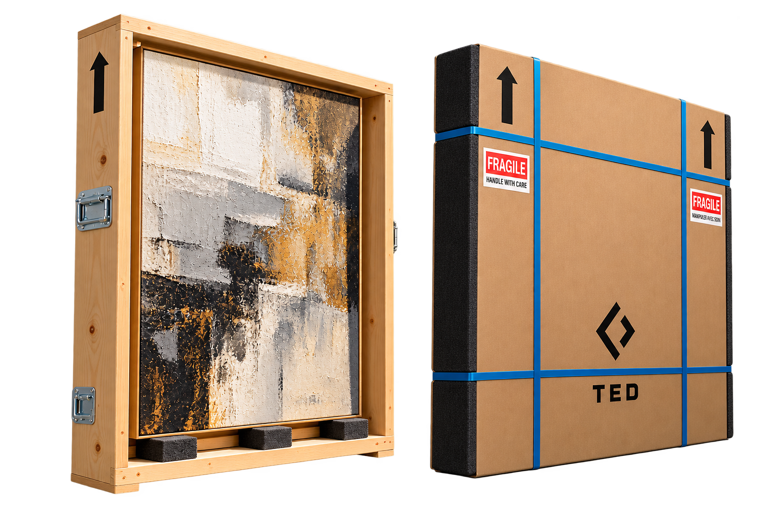 Framed artwork in an open wooden crate beside a protected artwork package with shipping labels