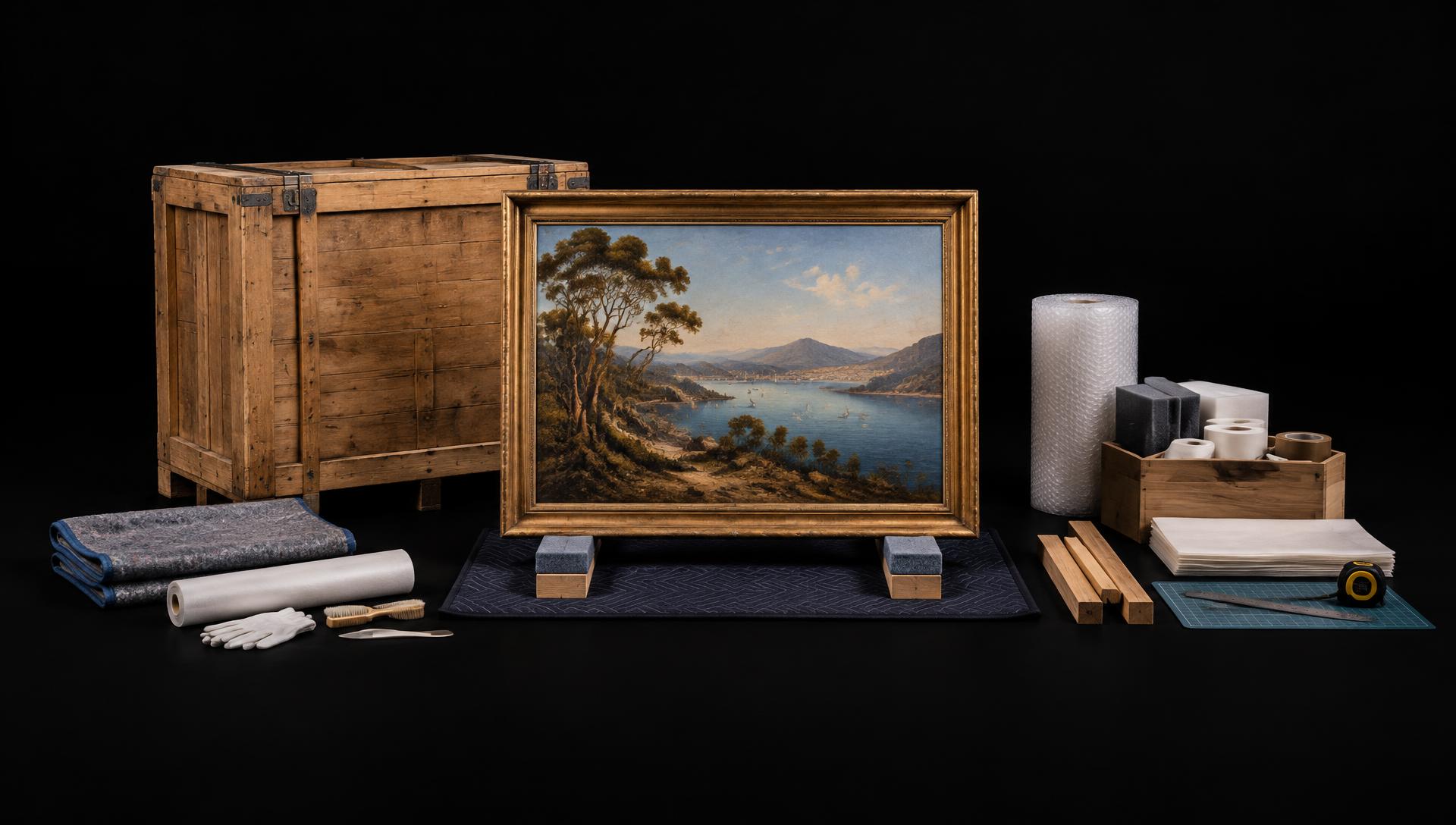 Illustrative fine art packing archive with a timber crate and framed landscape