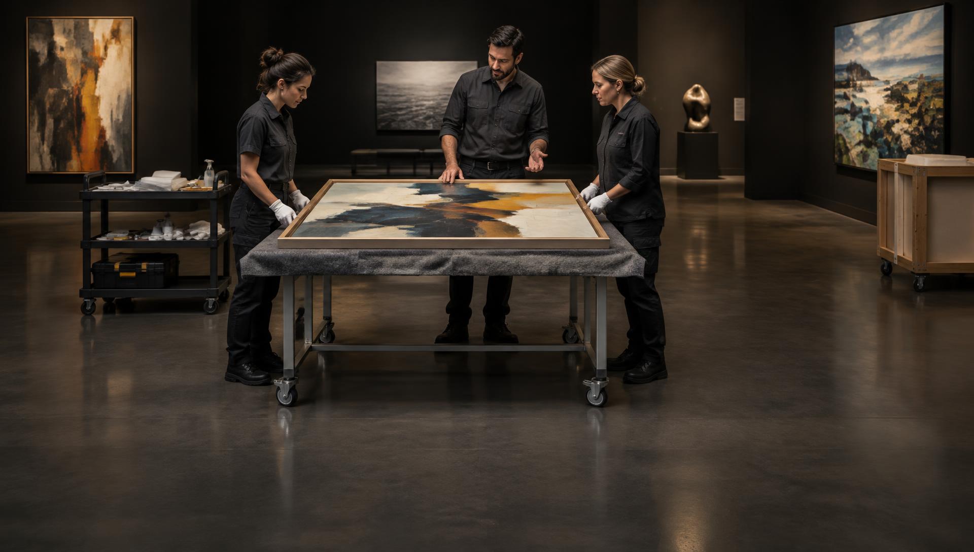 Illustrative art technicians caring for a framed painting in a gallery