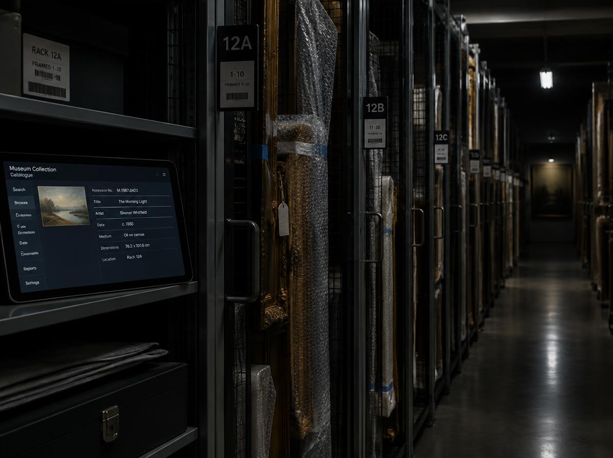 Catalogued artworks in museum storage racks