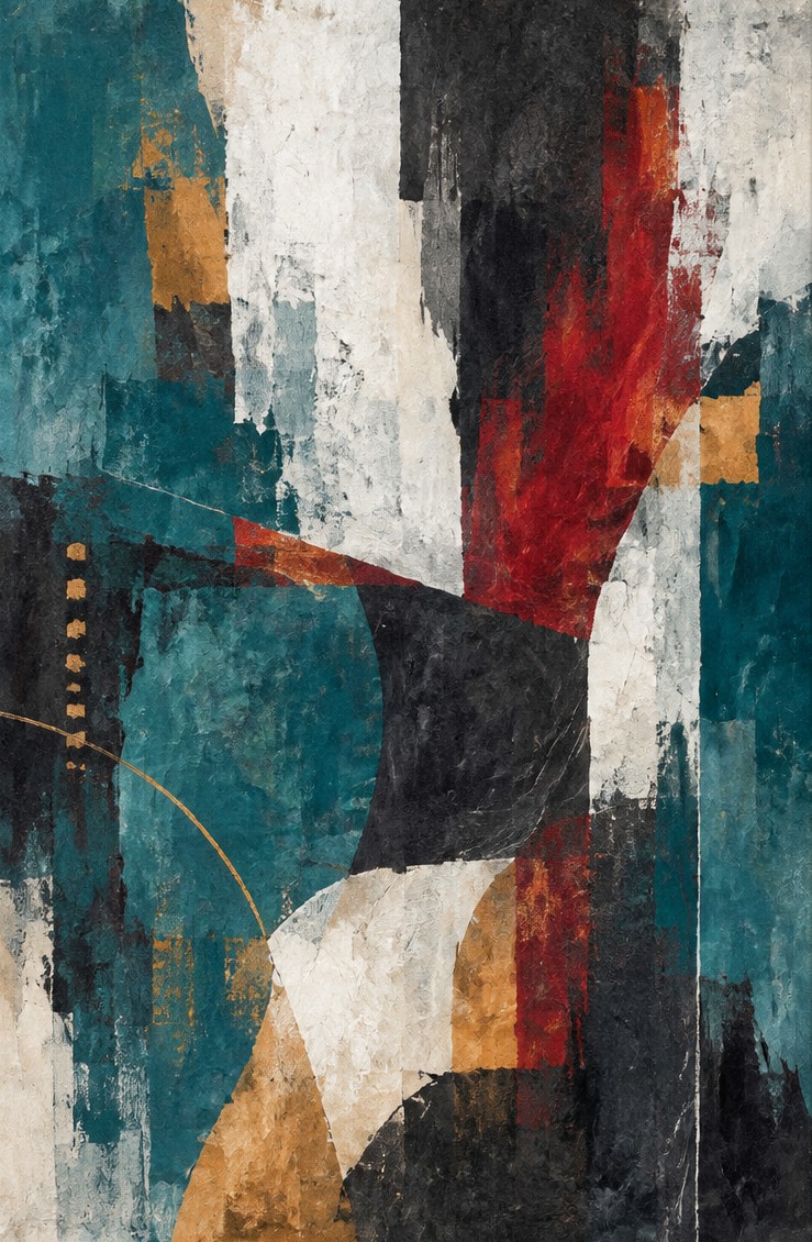 Portrait-format abstract painting in teal, charcoal, crimson and ivory with a complete dark frame