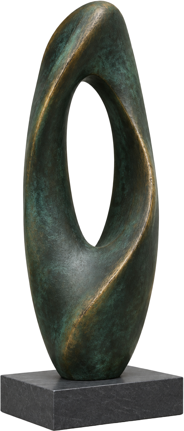Patinated bronze oval sculpture with an open centre on a dark stone plinth
