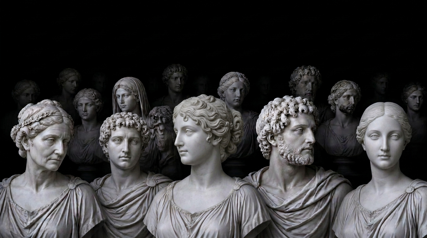 Serene marble sculptures receding softly into the darkness