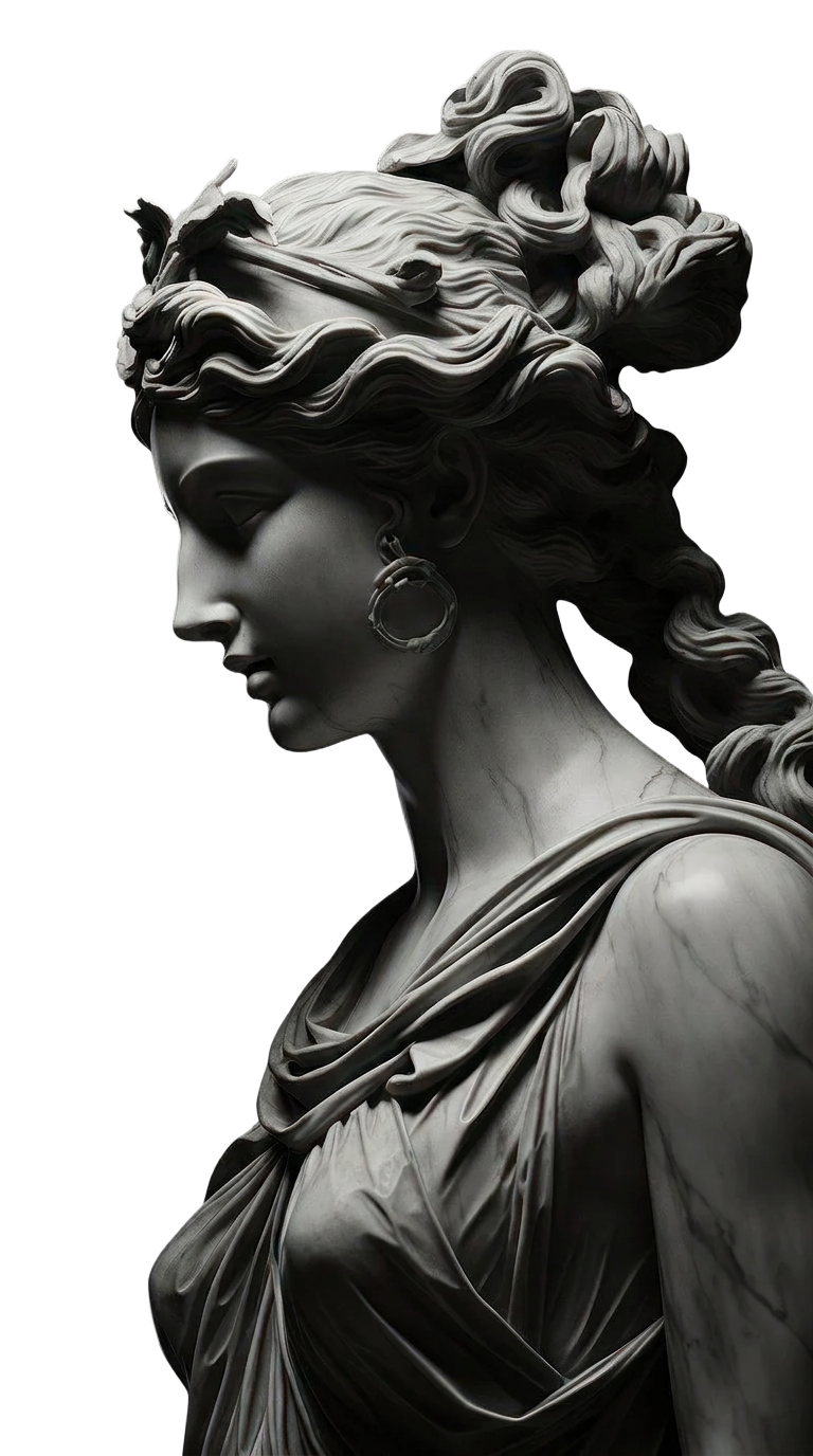 Ornate marble sculpture with flowing hair